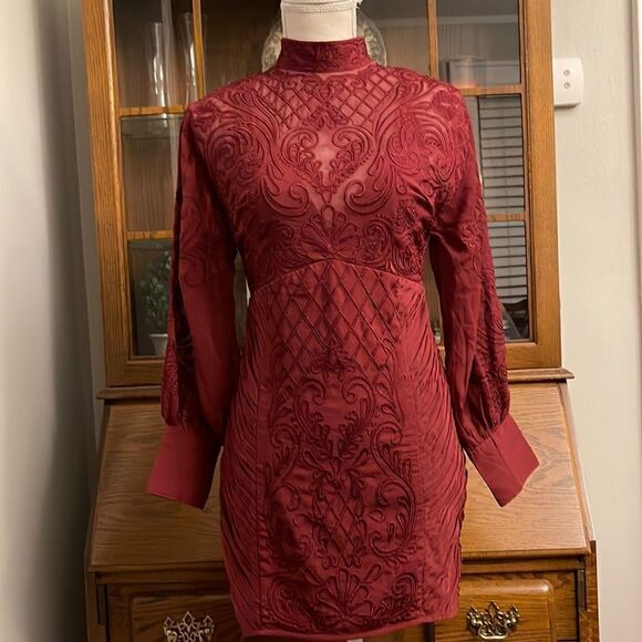 Anthropologie - Wine-Colored Anthropologie Lace Mini Dress by Not So size 6 - Picture 5 of 8